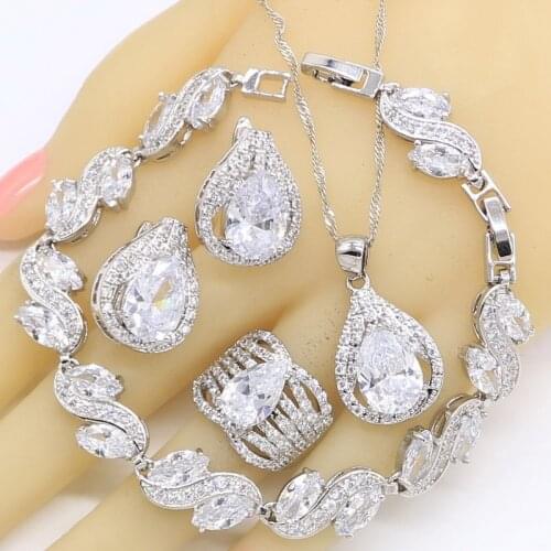 Classic White Zircon 925 Silver Wedding Jewelry Sets For Women Bracelet Earrings Necklace Pendant Ring Birthday Gift