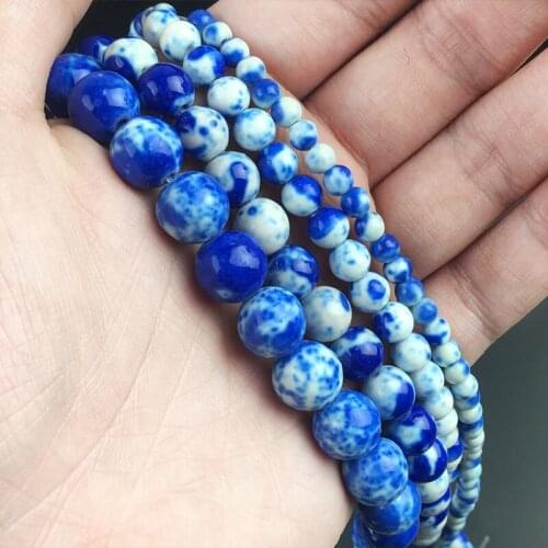 Natural Stone Blue Jaspers Rain Flower Round Loose Beads For DIY Jewelry Making Bracelets Accessories 15'' 4 6 8 10 12mm