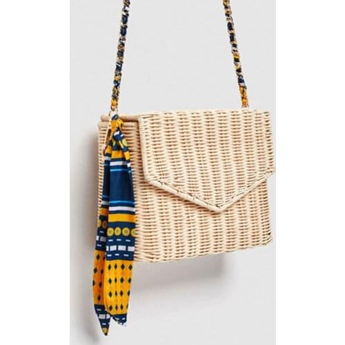 New Fashion Rattan Straw Bags Women Beach Crossbody Bags Summer Scarf Handbags Ladies Bohemian Style Shoulder Bag Chain Flap Q4