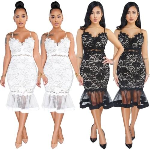 Charming Women Mesh Trumpet Dress 2021 Summer Nightclub See Through Lace Patchwork Spaghetti Strap Slimming Waist Bodycon Dress