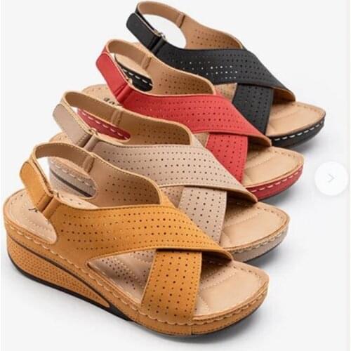 Women Sandals New Summer Shoes Woman Ladies Sewing Hollow Out Wedges Female Casual Pu Leather Comfortable Retro Sandalis Plus 43