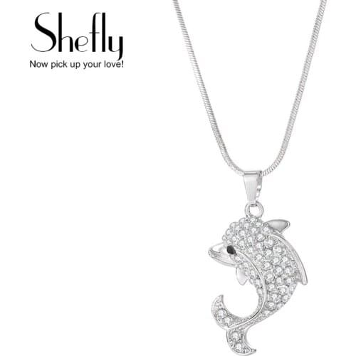 Silver Color Cute Dolphin Whale Tail Pendants Necklaces For Women Rhinestone Fashion Ocean Jewelry Accessories Gift 2020