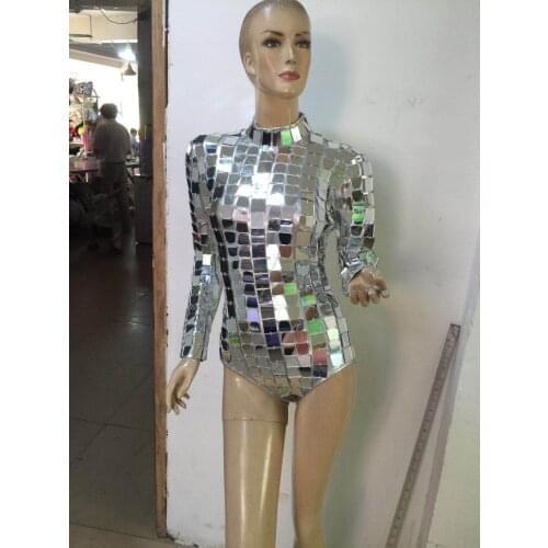 Sexy Sequin Mirror Light One-Piece Bodysuit Women Silver Female Singer DJ DS Dance Stage Costume Outfit Show Clothing Dress Wear