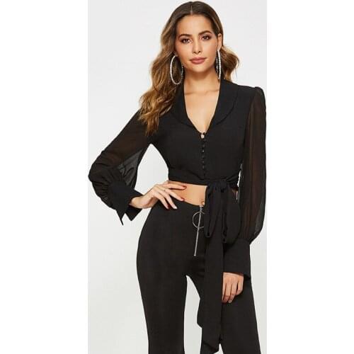 Spring Autumn Long Sleeve V Neck Short Tops Women Fashion Mesh Patchwork Blouses Ladies Hollow Out Bow Tie Up Special Tops Shirt