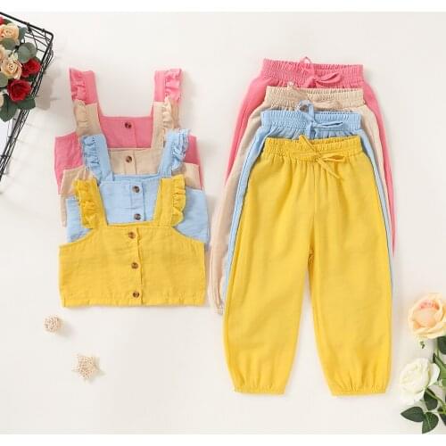 1-6T Toddler Baby Girl summer Clothes Solid Sleeveless Strap Crop Tops Button vest Long Pants 2PCS Tracksuit Kid Clothing 2021