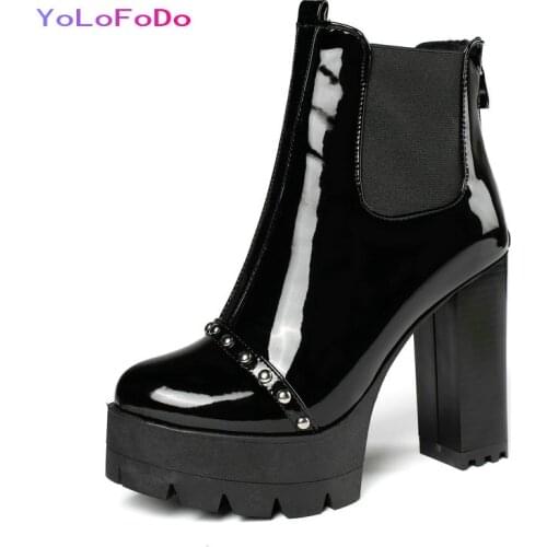 2021 Women Ankle Boots Platform Square High Heel Womans Boots Patent PU Leather Zipper Women Short Boots Autumn Winter Shoes