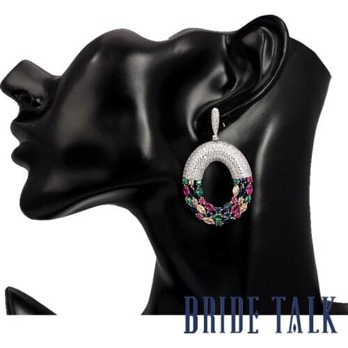 Bride Talk Round Shape Long Drop Women Earrings Cubic Zirconia Colorful Stone Charming Fashion Jewelry For Wedding Party Gift