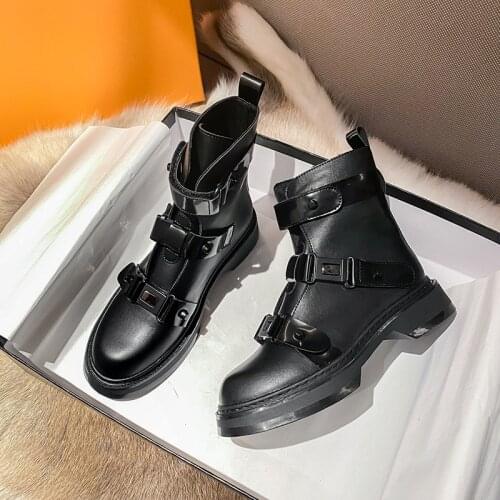 Brand three buckle belt ankle boots women punk leather winter platform booties round toe rubber chelsea botines femme big size43
