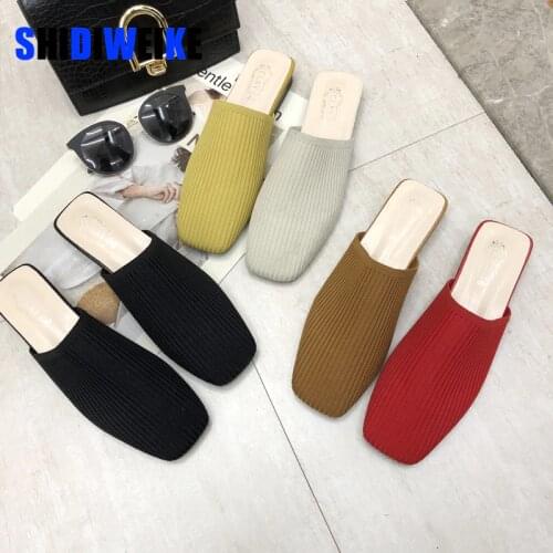 Women Mules Slippers Women Summer Flats Sandals Knit Fabric Stretch Slides Holiday Beach Shoes Square Heel Square Toe Flats