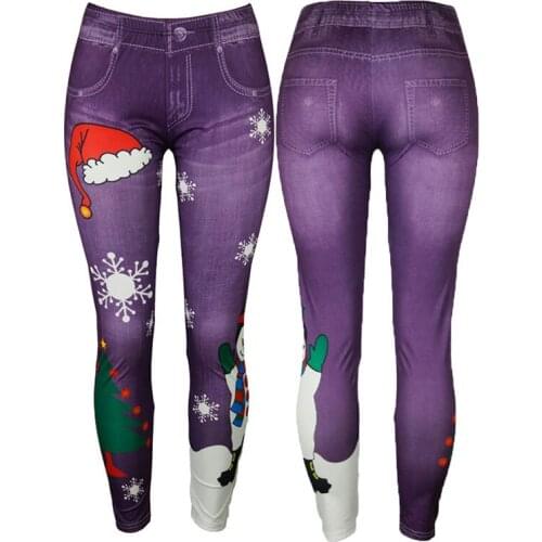 Faux Jeans Womens High Waist Leggings Girl Winter Legging Bottoms Snowflake Christmas Print Fitness Female Stretch Pocket Pants