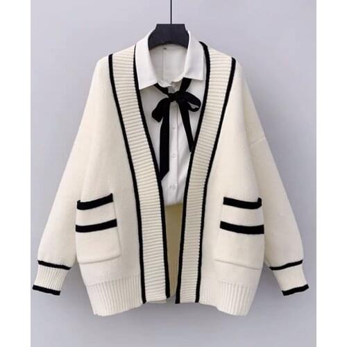 2021 Women Long Sweater Coat Vneck Oversized Cardigans Patchwork Sweater Casual Striped Chic Street Knit Poncho Korean Tops