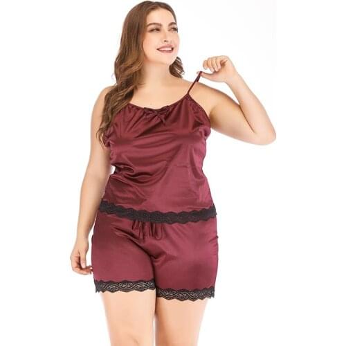 Large Size Lace 2 Piece Pajama Set Women Plus Size Sexy Sleepwear Cute Satin Cami Shorts Ladies Nightwear Set XL-4XL