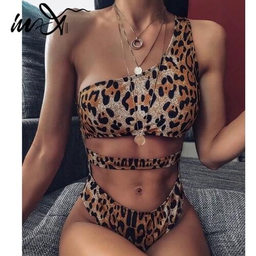 In-X Sexy Leopard one piece swimsuit One shoulder bikini 2020 High cut swimwear women monokini Padded bathing suit New bodysuit