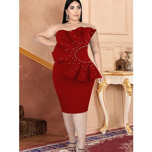 ONTINVA Strapless Dresses Plus Size Sexy Bodycon Knee Lenght Ruffles Beads Tube Top Evening Party Event Gowns for Ladies 2021