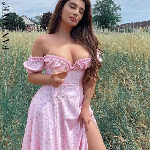 FANTOYE Pink Floral Printed Split Off-shoulder Dress Women Summer Sexy Short Sleeve Ruched Slim Midi Dresses Boho Vestidos 2020
