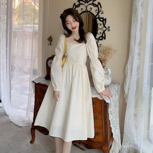 Woman Dress Autumn 2021 New Style Korean Fashion Elegant Solid Color Square Neck Waist Design Dresses Women Vestido De Mujer