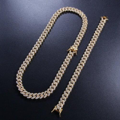 Beichong Hip hop Full Bling CZ Cubic Zirconia Jewelry Sets Gold Cuban Chain Link Necklaces Bracelets Box Clasp Miami Cubra