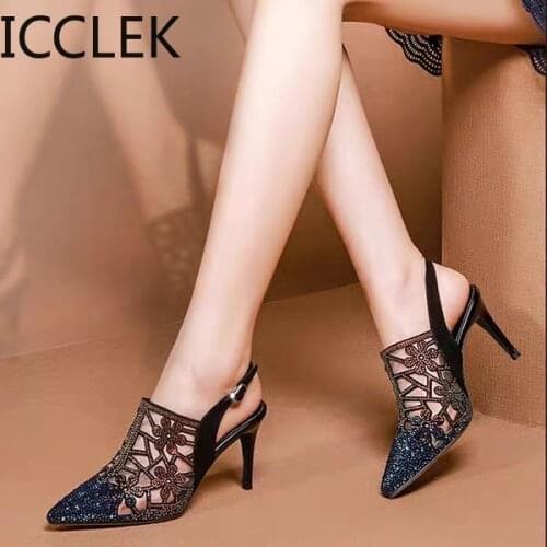 2020 High Heels Sandals Woman Mesh Summer Shoes Women Pumps Pointed Toe Ankle Buckle Strap Ethnic Embroidery Flower Handmade