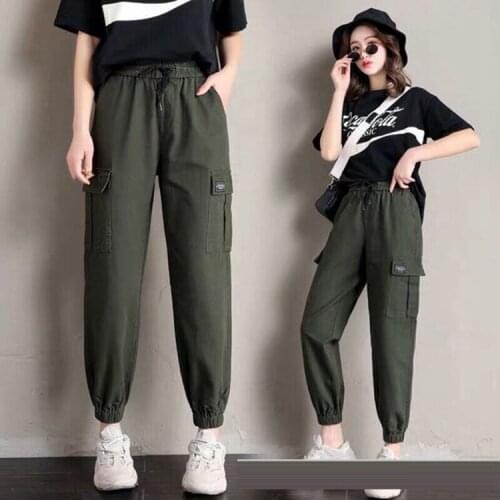 Pure cotton pants womens new casual pants student couple Hong Kong style overalls mens loose and thin waist pants