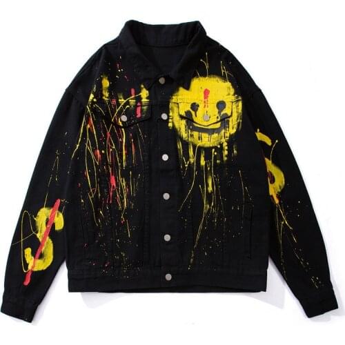 ERENEJIAN Mens Fashion Painted Denim Jacket Smile Face Graffiti Jeans Coat Hi Street Printed Outerwear Oversize Hip Hop Tops