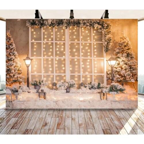 Christmas Backdrop Warm Street Light Decorative Window White Snowfield Christmas tree Photography Background For Photo Studio