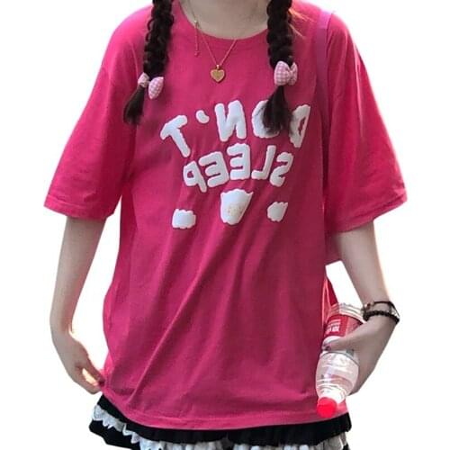 Summer New Korean Loose Short Sleeves Women T Shirt Print Letters Dont Sleep Harajuku Clouds Sheep Tees Rose Red Tops Female