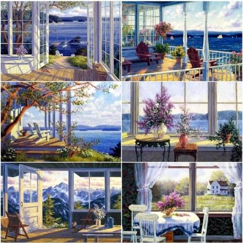 GATYZTORY DIY Pictures By Number House Kits Scenery Outside The Window Drawing On Canvas Hand Painted Paintings Gift Home Decor