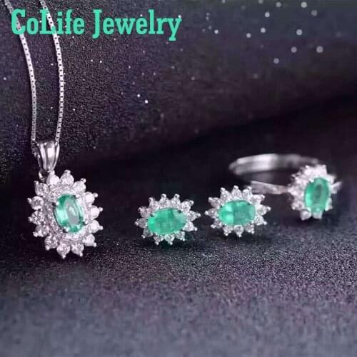 Classic Emerald Wedding Jewelry Set 4*6mm 2ct Natural SI Grade Emerald Gemstone Jewelry Set Solid 925 Emerald Jewelry Set