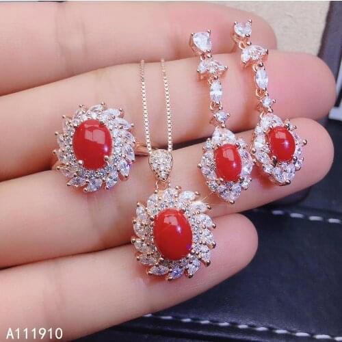 KJJEAXCMY fine jewelry 925 sterling silver inlaid Natural Red Coral Necklace Ring Earring Suit classic Support Detection