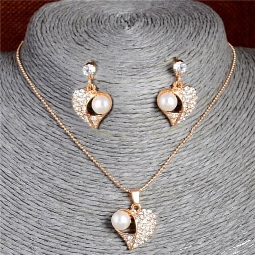 High quality Imitation Pearl Jewelry Sets For Women Heart Shape Austria Crystal Rhinestone Earrings Pendant Necklace Jewelry