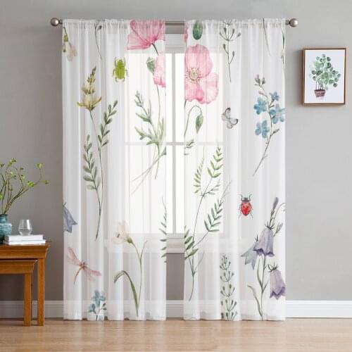 Flower Petals Ladybird Dragonfly Insect Sheer Curtains for Living Room Modern Voile Curtain Bedroom Tulle Curtains Window Drapes