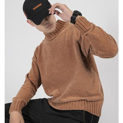 Fashion Half Turtleneck Sweater Men Solid Loose Casual Streetwear Pullover Japanese Male Clothing Autumn Chenille Knitted Tops