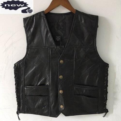 Moto Biker Male Sleeveless V-Neck Single Breasted Leather Waistcoat Lacing Up Pocekts Plus Size S-4XL Mens Fashion Vests