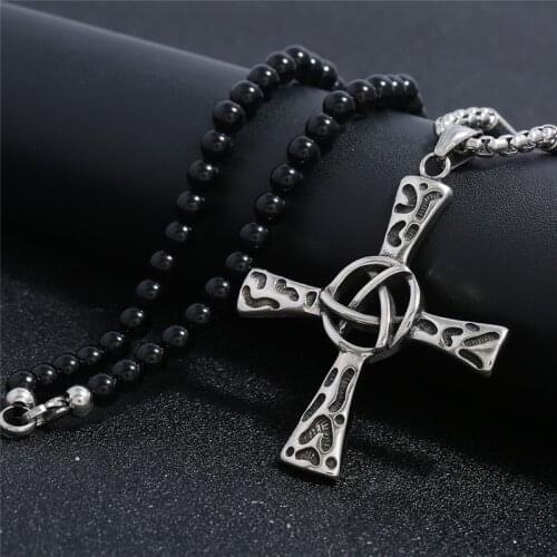 Mens Boys Celtic Solar Cross Stainless Steel Pendant With Black Stone Necklace Chain 28 inch