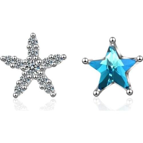 New Personality Asymmetric Fashion Blue Star 925 Sterling Silver Jewelry Five-pointed Crystal Exquisite Stud Earrings SE686