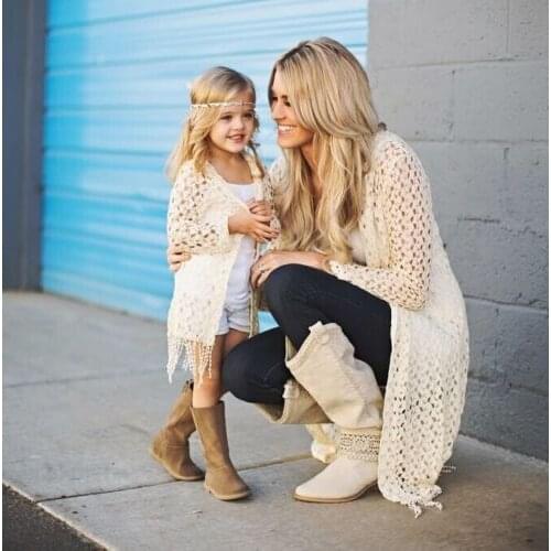 Mother and Daughter Matching clothes Summer Crochet Coat Lace Tassels Holiday Top Boho Beach kimono cardigan Women girls Outfits