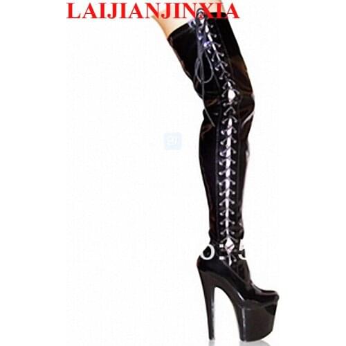 20CM sexy Black Lace-Up over the knee boots high heel shoes sexy thigh high boots Peep Toe for women sexy high heels