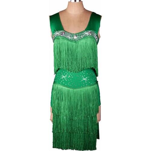 Custom custmize Green Color Fringe Tassel latin Rumbaringe Charleston Flapper Great Gatsby Stage Dance Clothing Dress L057