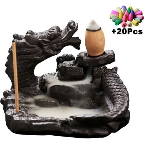 Gift 20 Incense Cones Hand Made Chinese Dragon Waterfall Incense Burner Ceramic Backflow Incense Holder Creative Home Decoration