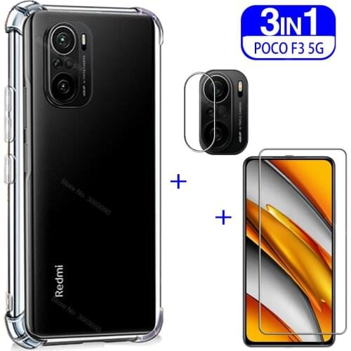 Transparent silicone cases for poco f3 5G tempered glass pocof3 poxo little f 3 6.67'' camera protection film shockproof covers