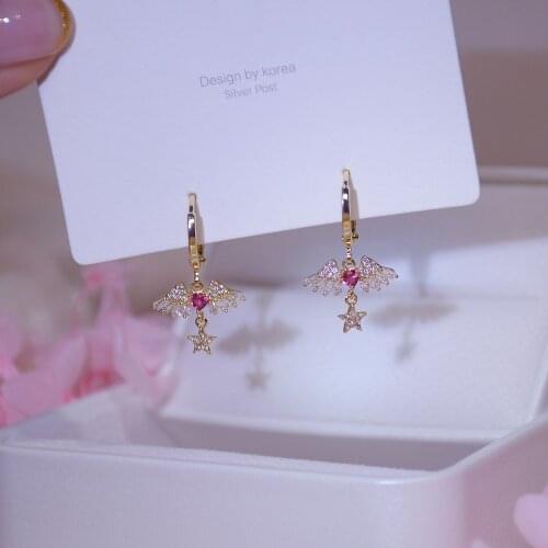 Luxury Korea Newly Designed Beautifully 14k Gold Earrings Zircon Lucky Love Angel Wings Water Drop Female Jewelry Holiday Gift