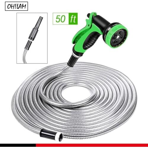 Heavy Duty 304 Stainless Steel Garden Hose 50ft, Outdoor Metal Water Hoses With 10 Pattern Spray Nozzle for Never Kink & Tangle