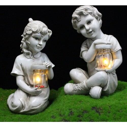 Garden Decoration Resin Boys Girls Statue Solar Lighted Outdoors Lawn Patio Yard Wedding Party Home Ornaments Crafts