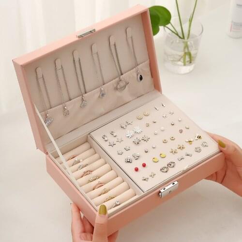 PU Leather Jewelry Boxes 2-layer Storage Case for Earrings Rings Necklace Women Girls Gift with Lok