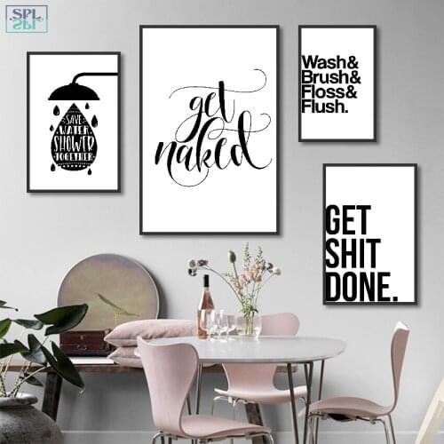 SPLSPL Bathroom Fun Words Nordic Decorative Painting Creative Black and White Canvas Art Print Poster Wall Picture Without Frame