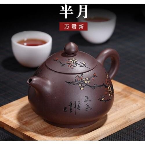 Yixing raw ore red clay pot half moon full handwork engraving gift customized one for distribution
