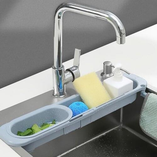 Telescopic Sink Holder Adjustable Drainer Sink Tray Sponge Soap Rack Shelf Sink Organizer Dish Cloth Hanger for Home Kitchen
