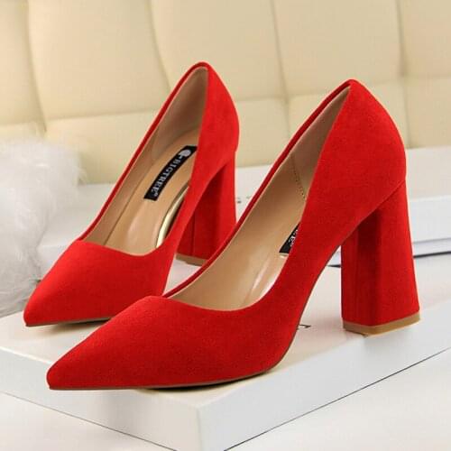 Concise Square Heel Womens Pumps Shoe On Heel 8.5cm Flock High Heel Shoe Fashion Ladies Office Shoe Pointed Toe Female Stiletto