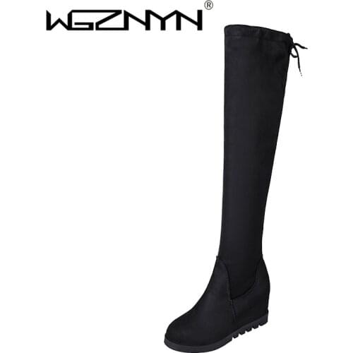 WGZNYN 2020 Stretch Fabrics Over The Knee Boots Height Increasing Round Toe Women Shoes Autumn Winter Casual Long Boots 3371