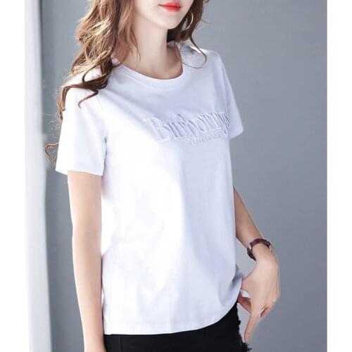 2020 Summer Embroidered Letter Loose Short Sleeve T shirt Women Tshirt Cotton Korean Style White T-shirt Women Clothes Tee Shirt